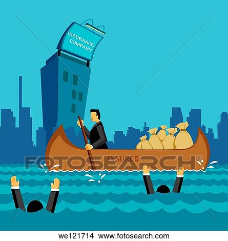 Picture - Businessman traveling in an insured boat with money bags in the sea. Fotosearch