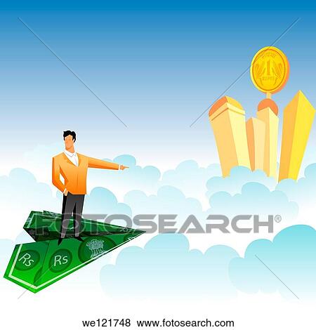 Businessman traveling on a paper airplane and pointing towards skyscrapers over the clouds View Large Photo Image Stock Photo - Businessman traveling on a paper airplane and pointing towards skyscrapers over the clouds. Fotosearch