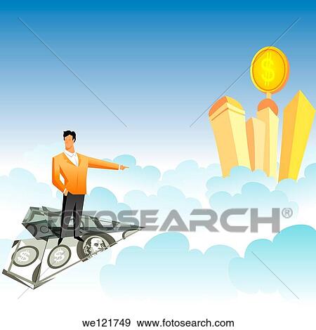 Businessman traveling on a paper airplane and pointing towards skyscrapers over the clouds View Large Photo Image Stock Photo - Businessman traveling on a paper airplane and pointing towards skyscrapers over the clouds. Fotosearch