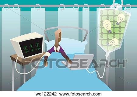 Stock Image - Businessman using a laptop in a hospital bed. Fotosearch