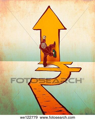 Businessman walking on rupee and arrow signs View Large Photo Image Stock Photo - Businessman walking on rupee and arrow signs. Fotosearch