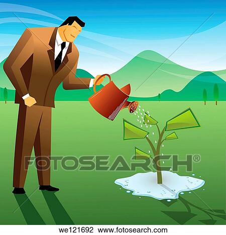 Stock Image - Businessman watering a money plant. Fotosearch
