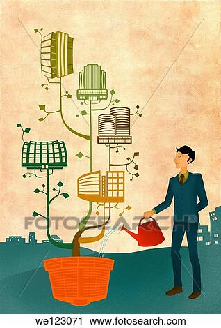 Stock Image - Businessman watering plant of buildings depicting growth of franchises. Fotosearch