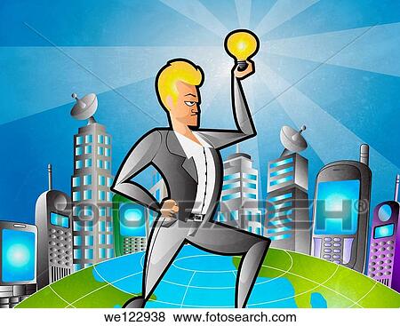 Stock Photo - Businessman with an innovative idea surrounded by mobile phones. Fotosearch