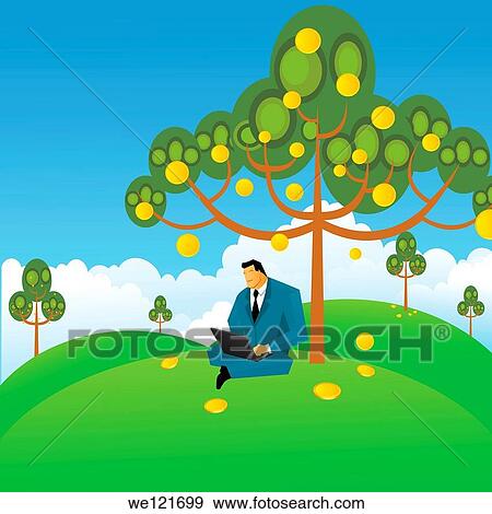 Businessman working on a laptop under the money tree View Large Photo Image Stock Photo - Businessman working on a laptop under the money tree. Fotosearch