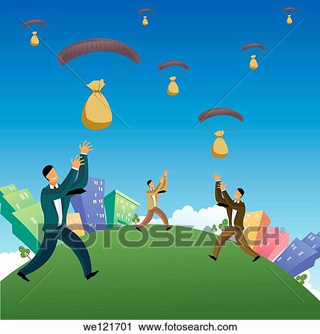 Businessmen catching money bags falling from the sky View Large Photo Image Stock Image - Businessmen catching money bags falling from the sky. Fotosearch