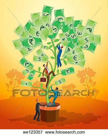 Businessmen climbing on a potted plant of currency notes View Large Photo Image Stock Photo - Businessmen climbing on a potted plant of currency notes. Fotosearch