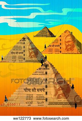 Stock Image - Businessmen climbing on steps of money pyramid. Fotosearch