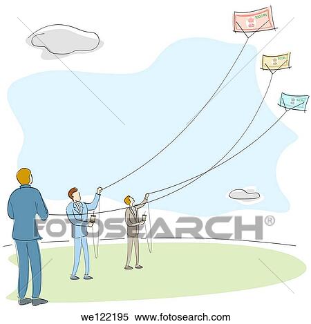 Stock Photography - Businessmen flying kites of money in a field. Fotosearch