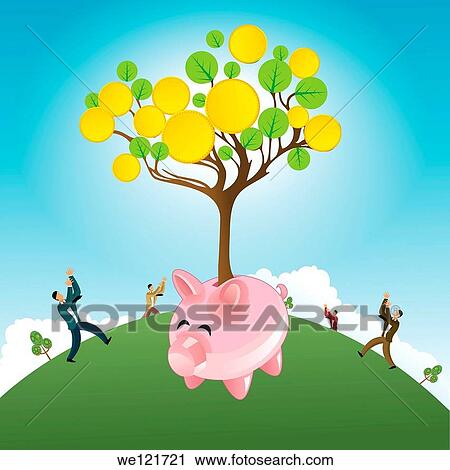 Businessmen waiting for the fall of coin from money tree coming out from a piggy bank View Large Photo Image Stock Image - Businessmen waiting for the fall of coin from money tree coming out from a piggy bank. Fotosearch