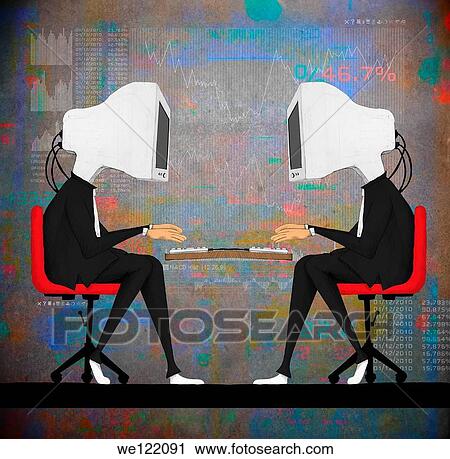 Stock Image - Businessmen with computers in place of heads. Fotosearch