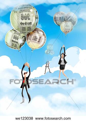 Businesspeople flying with inflation balloons View Large Photo Image Stock Photo - Businesspeople flying with inflation balloons. Fotosearch