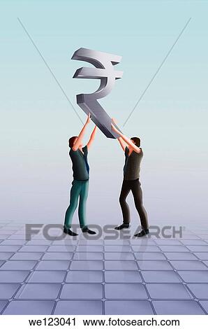 Stock Image - Businesspeople holding Indian Rupee symbol. Fotosearch