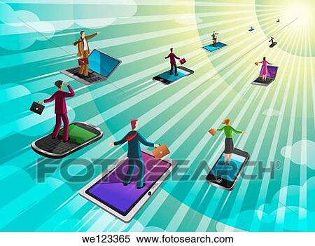 Businesspeople moving on computer gadgets towards the sun rays View Large Photo Image Stock Photography - Businesspeople moving on computer gadgets towards the sun rays. Fotosearch
