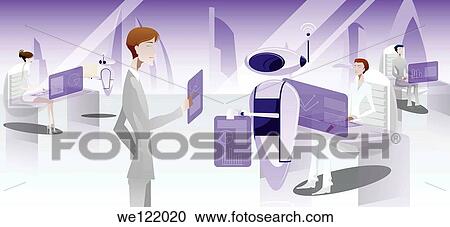 Businesspeople working in an office with robots View Large Photo Image Stock Image - Businesspeople working in an office with robots. Fotosearch