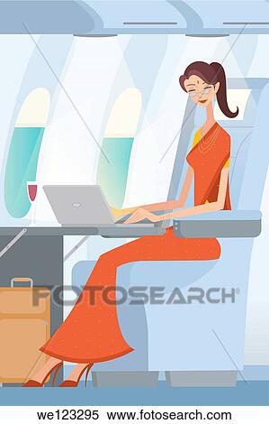 Stock Photography - Businesswoman working on a laptop in an airplane. Fotosearch