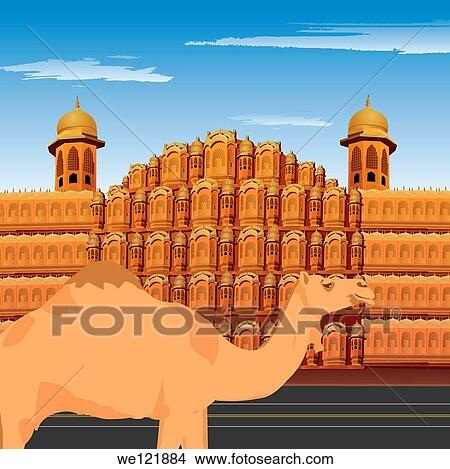 Camel standing in front of palace, Hawa Mahal, Jaipur, Rajasthan, India View Large Photo Image Picture - Camel standing in front of palace, Hawa Mahal, Jaipur, Rajasthan, India. Fotosearch