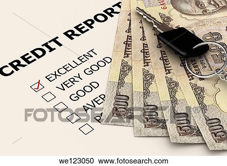 Stock Image - Car key with Indian five hundred rupee notes. Fotosearch