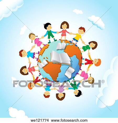 Chain of schoolchildren around the globe View Large Photo Image Picture - Chain of schoolchildren around the globe. Fotosearch
