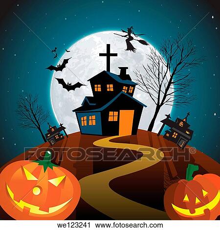 Church with witch and bats flying in front full moon View Large Photo Image Stock Image - Church with witch and bats flying in front full moon. Fotosearch