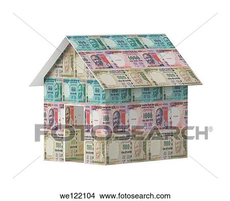 Close-up of a model home covered with rupees View Large Photo Image Picture - Close-up of a model home covered with rupees. Fotosearch