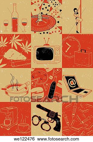 Collage of objects people addicted with View Large Photo Image Stock Photograph - Collage of objects people addicted with. Fotosearch