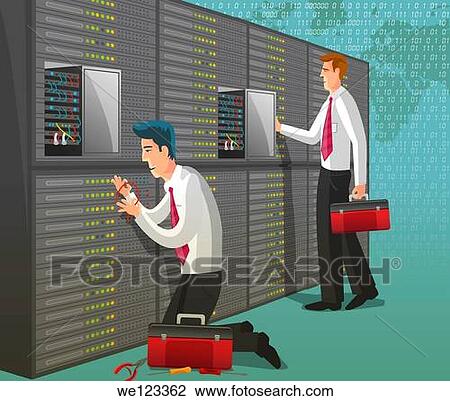 Stock Image - Computer technicians working in server room. Fotosearch