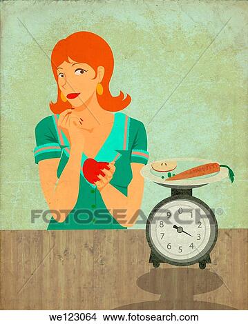 Conceptual illustration of woman holding apple while looking at kitchen scale representing dieting habits View Large Photo Image Picture - Conceptual illustration of woman holding apple while looking at kitchen scale representing dieting habits. Fotosearch