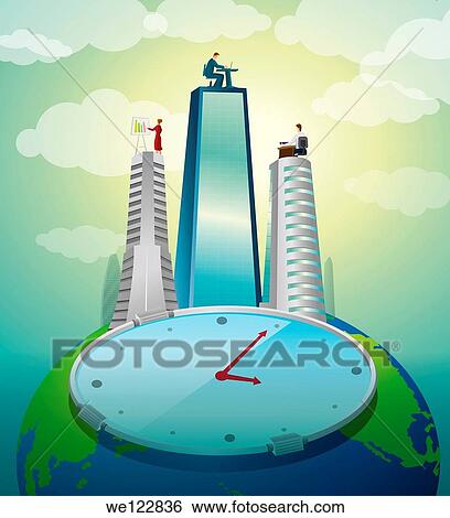 Stock Photograph - Conceptual image of clock with globe in background. Fotosearch