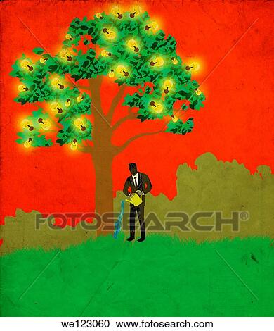 Stock Image - Conceptual shot of businessman watering tree with glowing light bulbs representing growth of new ideas. Fotosearch