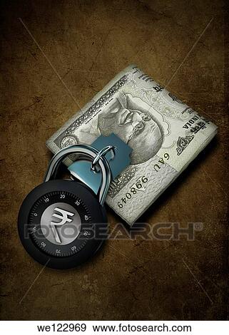 Conceptual shot of combination lock on Indian banknote View Large Photo Image Stock Photo - Conceptual shot of combination lock on Indian banknote. Fotosearch