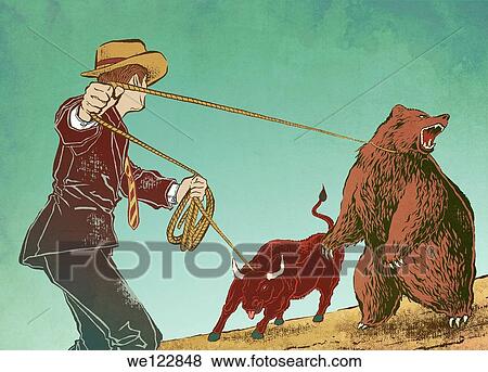 Conceptual shot of man controlling bull and bear depicting control over stock market View Large Photo Image Stock Photo - Conceptual shot of man controlling bull and bear depicting control over stock market. Fotosearch