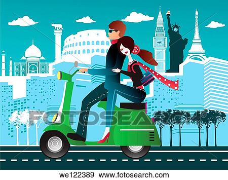Couple riding a scooter with some international tourist attractions in the background View Large Photo Image Stock Photo - Couple riding a scooter with some international tourist attractions in the background. Fotosearch