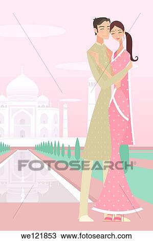 Stock Image - Couple romancing with a mausoleum in the background, Taj Mahal, Agra, Uttar Pradesh, India. Fotosearch