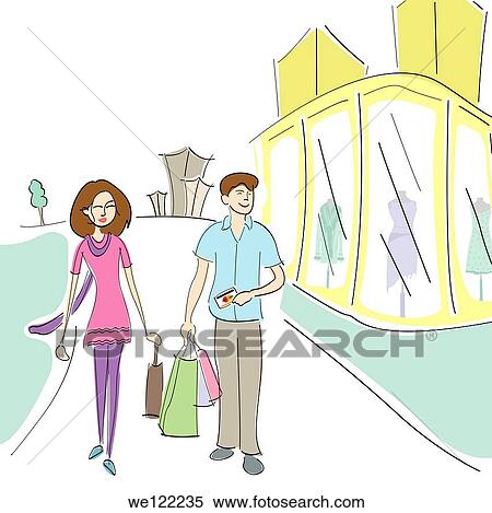 Couple walking on the road with shopping bags View Large Photo Image Stock Photography - Couple walking on the road with shopping bags. Fotosearch