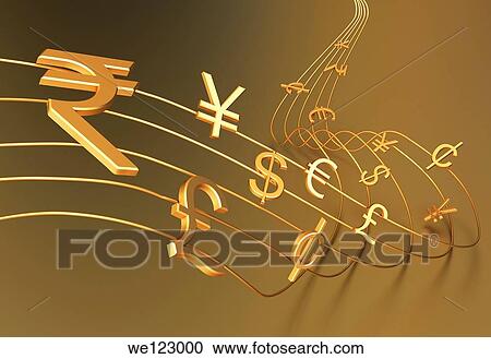 Stock Image - Currencies symbols on musical notation. Fotosearch