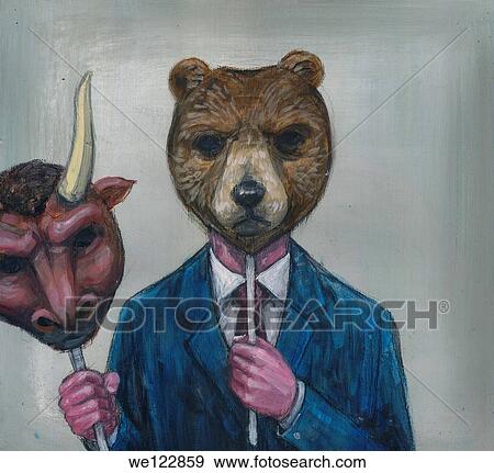 Deceptive image of man holding bull mask while wearing bear mask View Large Photo Image Stock Photo - Deceptive image of man holding bull mask while wearing bear mask. Fotosearch