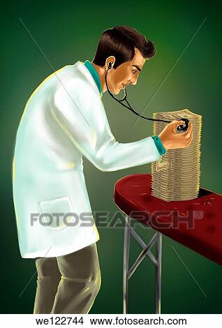 Doctor examining a pile of money with a stethoscope View Large Photo Image Picture - Doctor examining a pile of money with a stethoscope. Fotosearch