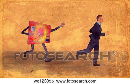 Stock Photography - Exhausted businessman running away from credit card. Fotosearch