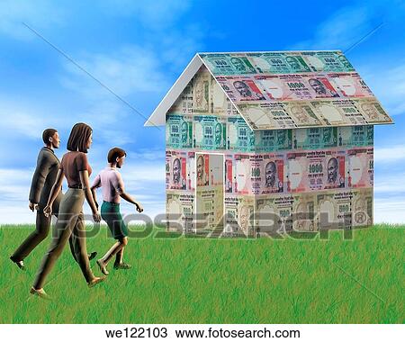 Family walking towards a home covering with rupees View Large Photo Image Stock Image - Family walking towards a home covering with rupees. Fotosearch