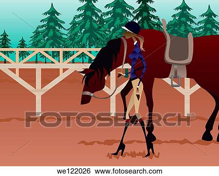 Female jockey walking with a horse View Large Photo Image Stock Photograph - Female jockey walking with a horse. Fotosearch