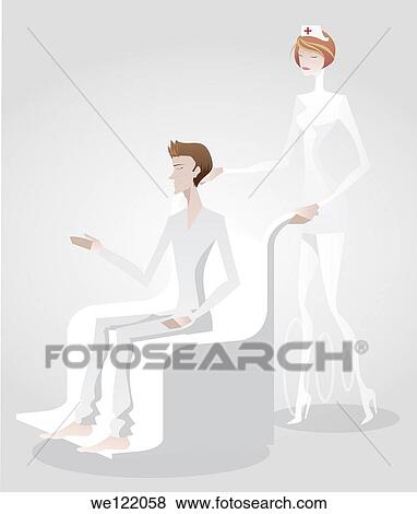 Stock Photo - Female nurse pushing patient on wheelchair. Fotosearch