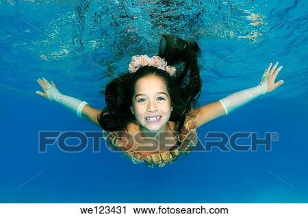 Girl presenting underwater fashion in pool View Large Photo Image Stock Image - Girl presenting underwater fashion in pool. Fotosearch