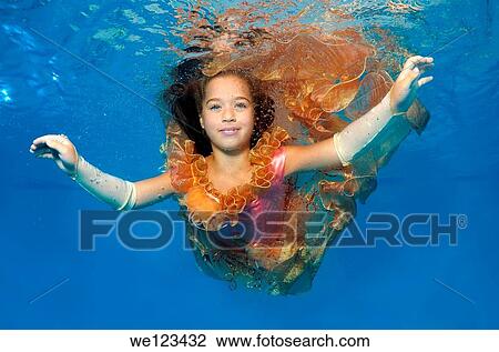Girl presenting underwater fashion in pool View Large Photo Image Stock Image - Girl presenting underwater fashion in pool. Fotosearch