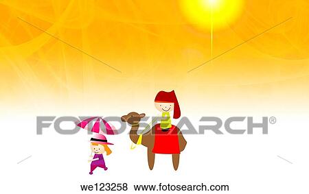 Girl riding a camel led by a guide View Large Photo Image Stock Photo - Girl riding a camel led by a guide. Fotosearch