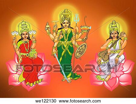 Goddess Durga with goddess Lakshmi and goddess Saraswati View Large Photo Image Stock Image - Goddess Durga with goddess Lakshmi and goddess Saraswati. Fotosearch