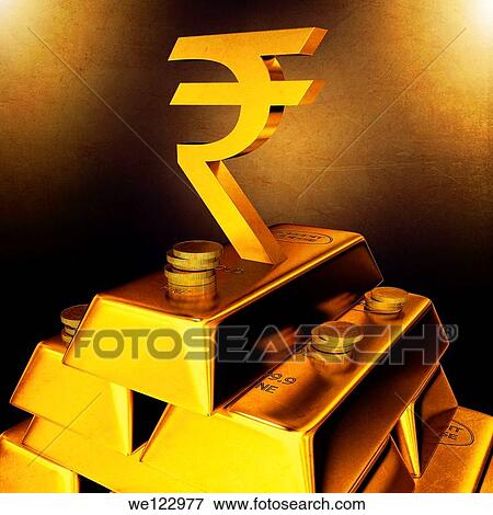 Golden Indian currency sign on top of gold bars and coins View Large Photo Image Stock Photo - Golden Indian currency sign on top of gold bars and coins. Fotosearch