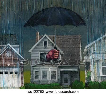 Stock Image - House covered with an insurance umbrella. Fotosearch