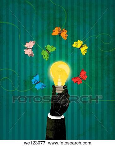 Human hand holding glowing light bulb with currency butterfly hovering around representing the concept of business attraction View Large Photo Image Stock Photo - Human hand holding glowing light bulb with currency butterfly hovering around representing the concept of business attraction. Fotosearch