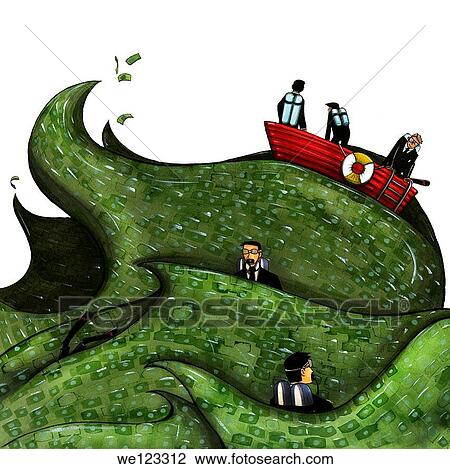 Stock Image - Illustration of businesspeople sailing on boat in the ocean of money. Fotosearch